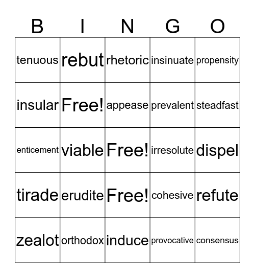 Vocabulary Bingo! Bingo Card