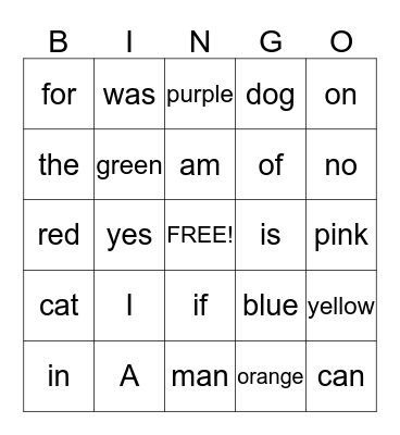 Kindergarten Sight Words Bingo Card