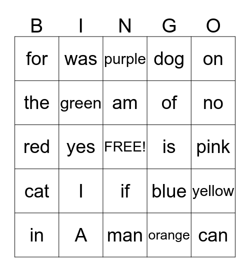 Kindergarten Sight Words Bingo Card