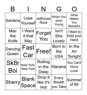 Songs Bingo Card