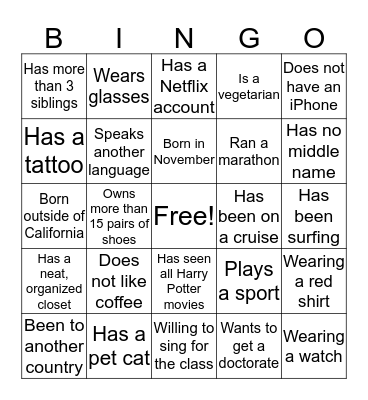 Orientation BINGO Card