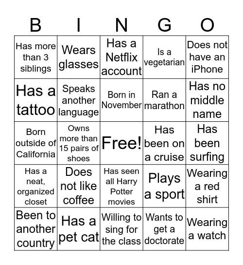 Orientation BINGO Card