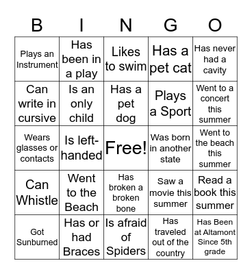 First Day of School Bingo Card