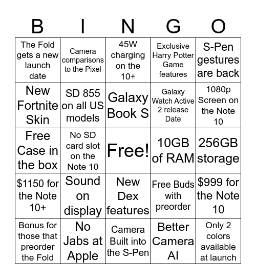 Note 10 Bingo Card