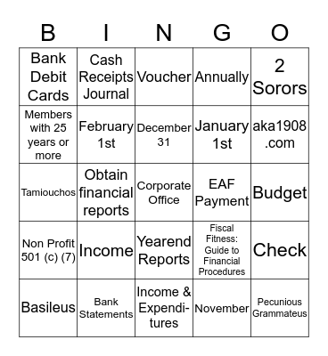 AKA Fiscal Fitness  Bingo Card