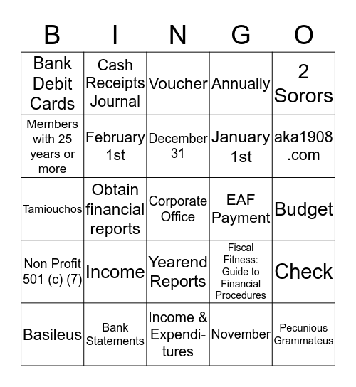 AKA Fiscal Fitness  Bingo Card
