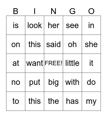 Sight Words Bingo Card