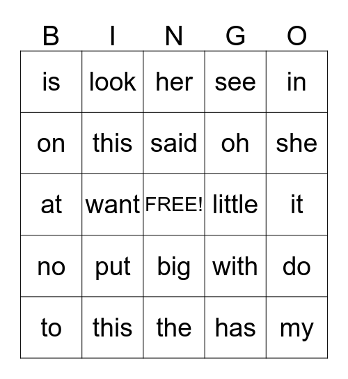 Sight Words Bingo Card