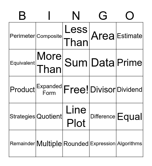 Math Vocab Bingo Card