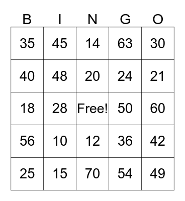 Multiplication Facts Bingo Card