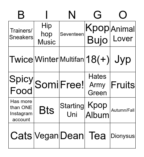 Sieouls Bingo Card