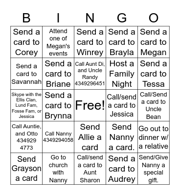 Nanny and Gramps Family Bingo Card