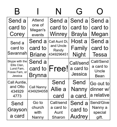 Nanny and Gramps Family Bingo Card