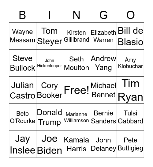 2020 Presidential Candidate Bingo Card
