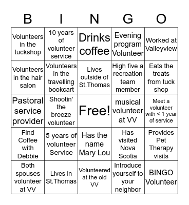 Getting to know our Volunteers Bingo Card