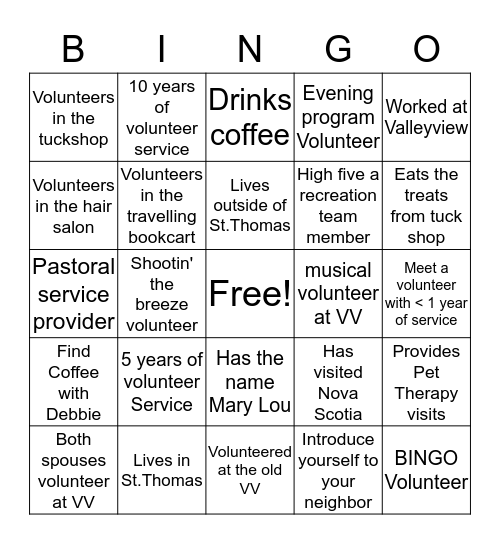 Getting to know our Volunteers Bingo Card