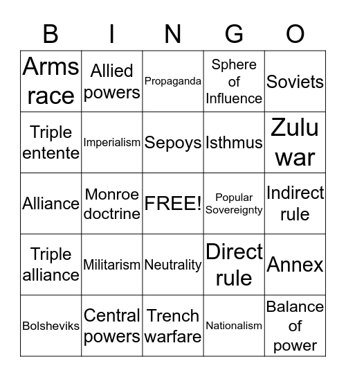 World war 1 vocab Bingo Card