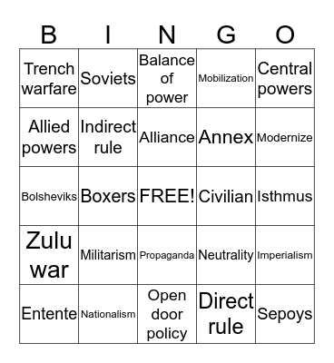 WWI VOCABULARY Bingo Card