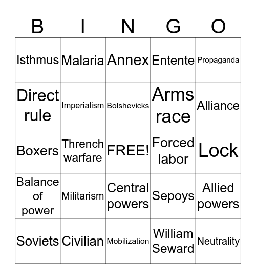 WWII Vocabulary Bingo Card