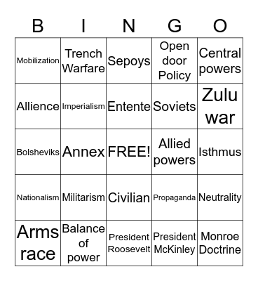 WWI VOCABULARY Bingo Card