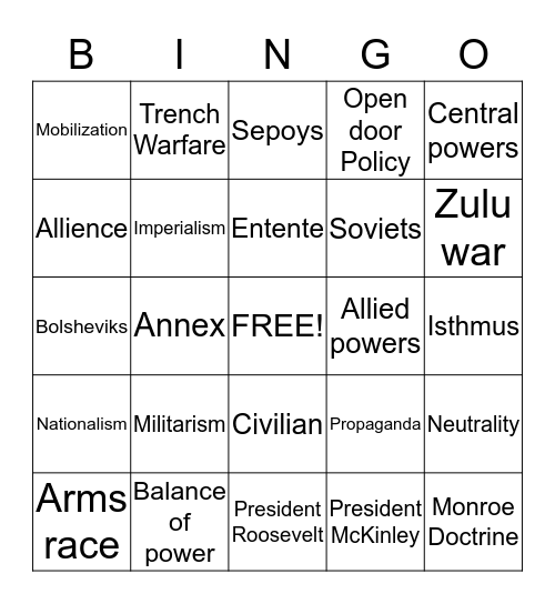 WWI VOCABULARY Bingo Card