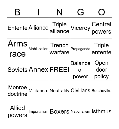 World War 1 Vocabulary Bingo Card