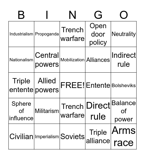 WWI vocab Bingo Card