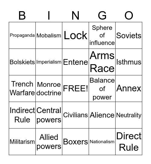 WWI Bingo Card