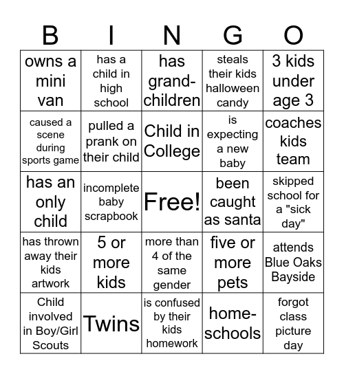 Parenting Bingo Card