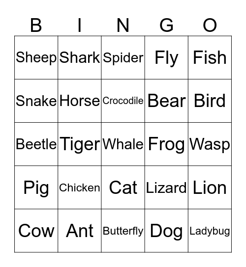 Animals Bingo Card