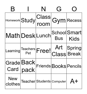 Back to School Bingo Card