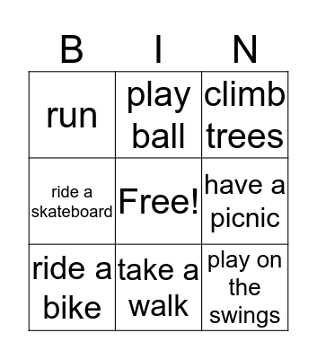 Free activities in the park  Bingo Card