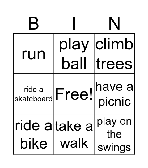 Free activities in the park  Bingo Card