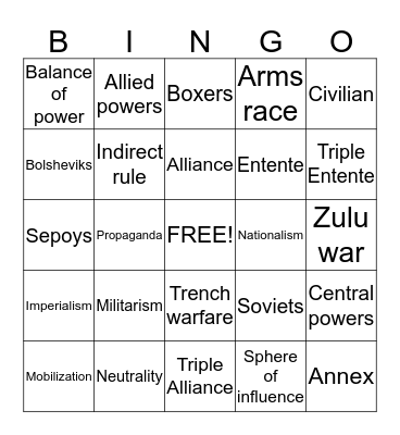 WWI Vocabulary Bingo Card