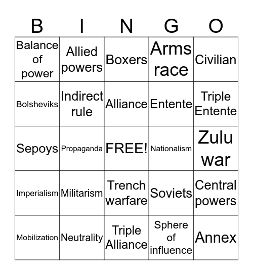 WWI Vocabulary Bingo Card