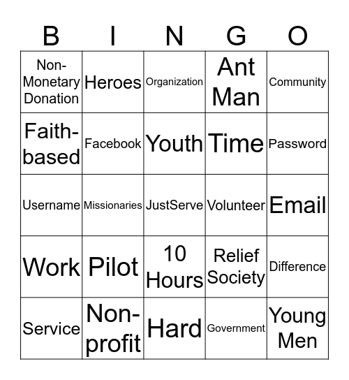 JustServe Bingo!  Bingo Card
