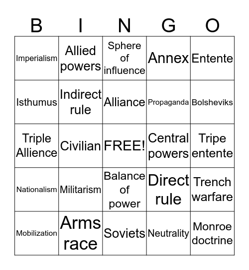 World War 1 Bingo Card