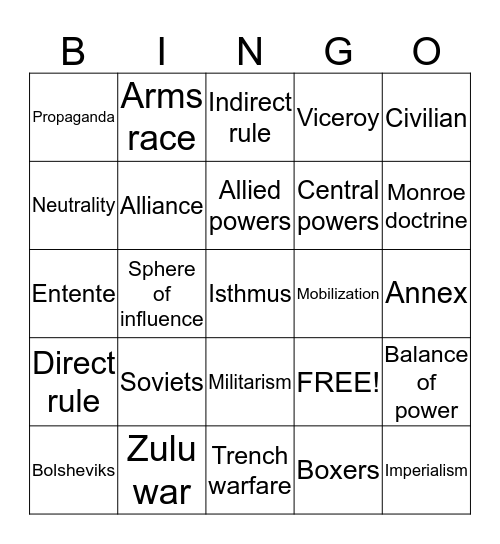 World War 1 Bingo Card