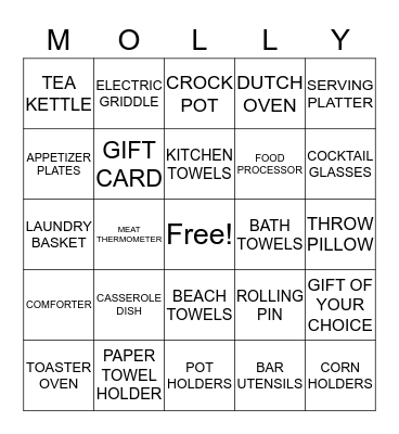 MOLLY'S WEDDING SHOWER Bingo Card