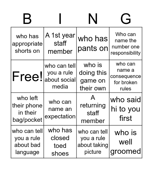 Staff Rules Bingo Card