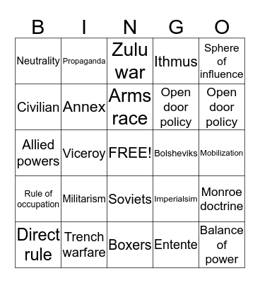 WW1 VOCABULARY Bingo Card