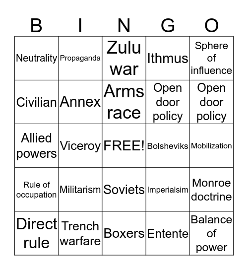 WW1 VOCABULARY Bingo Card