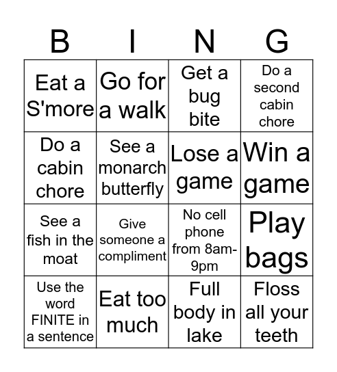 2019 EGBB Cabin Weekend Bingo Card