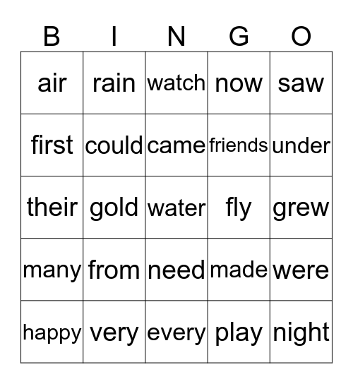 Sight Word Bingo Card