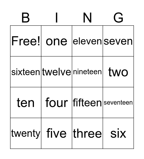 Number Names Bingo Card