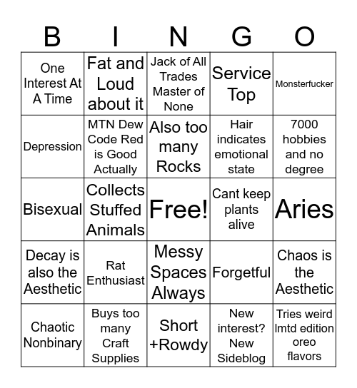 Amy/Queerplantbaby/Asrasotherbottom Bingo Card