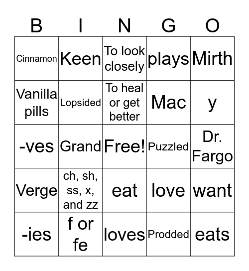 Reading and Writing Bingo Card