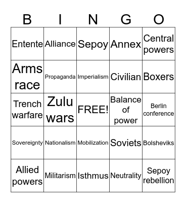 WWI Bingo Card