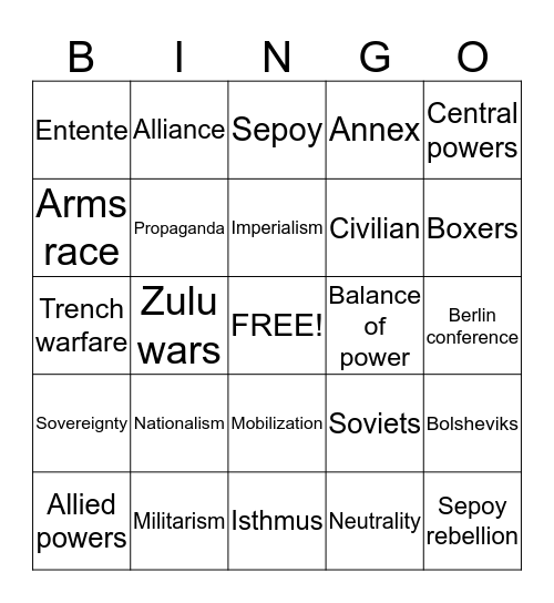 WWI Bingo Card