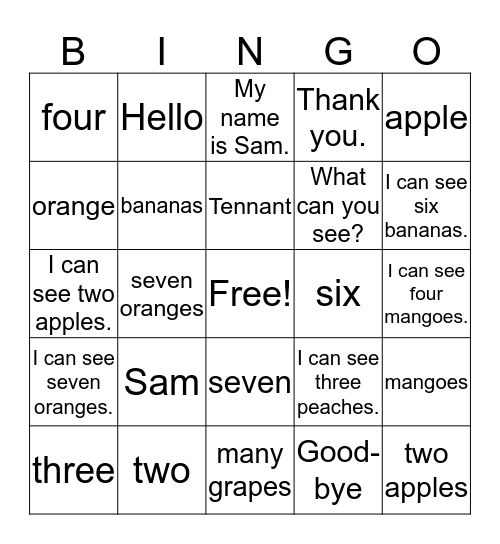 I can see two apples. Bingo Card